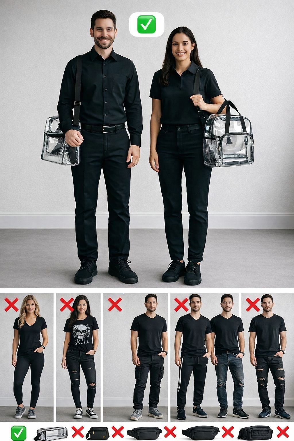 Summary of not-allowed clothing and bags