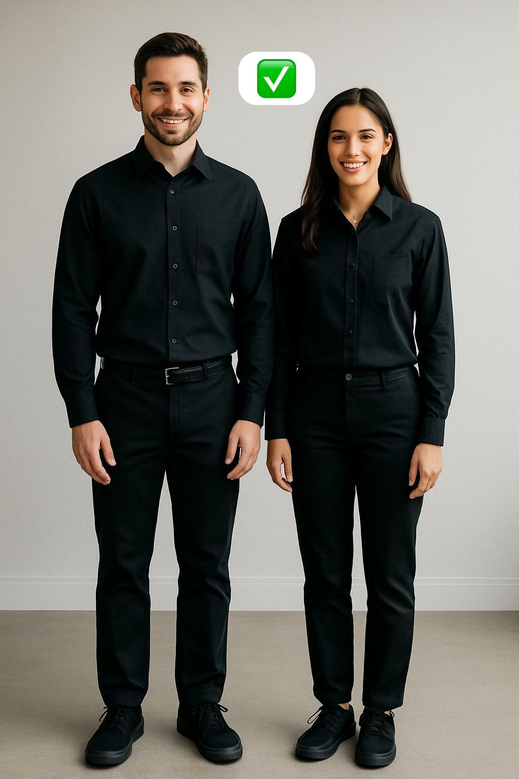 Correct uniform: black button-down shirts, black pants, black shoes