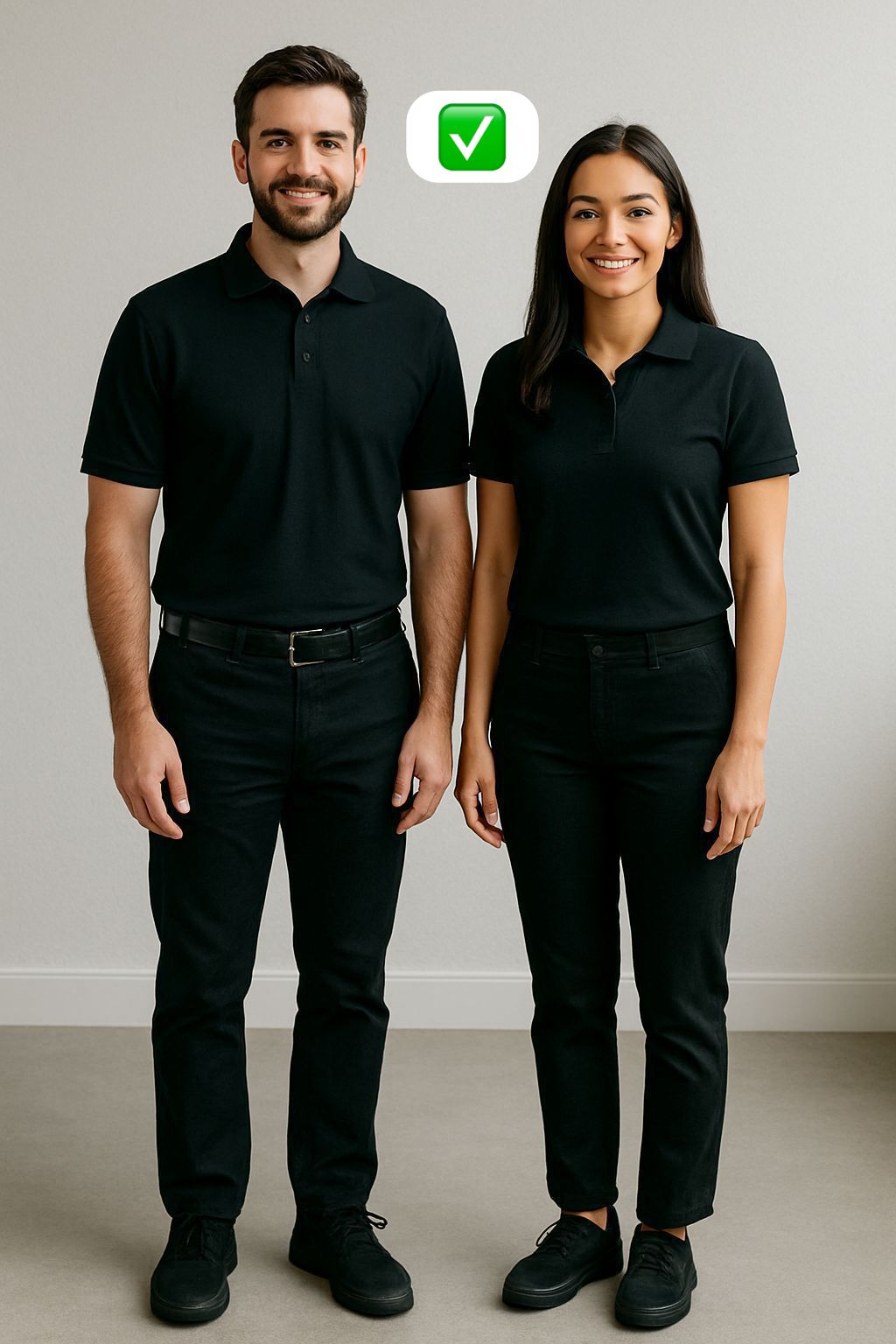 Correct uniform: black polo shirts, black pants, black shoes